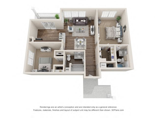 Floor plan for 2 beds, 2 baths, 1144 sqft